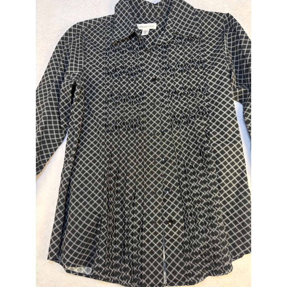 Coldwater Creek Pintuck Blouse Womens XS Black White Geometric Button Front Cott